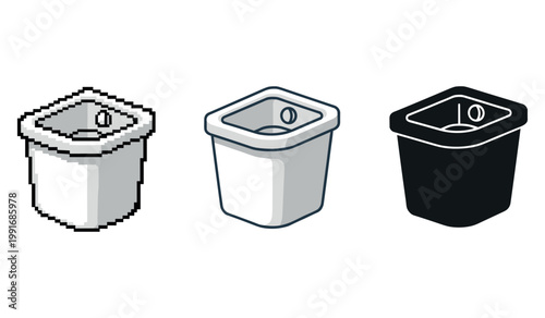 Pixelated, outline, and solid trash can icons on white background