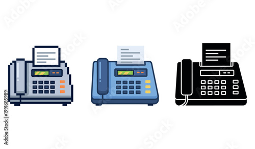 Collection of colorful and monochrome fax machines with paper sheets
