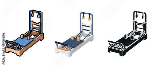 Isometric, 3d, and pixel art views of pilates machine variants