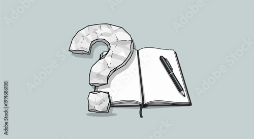 Stone question mark rests on open notebook with pen