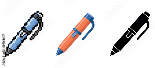 Pixelated, illustrated, and silhouette designs of ballpoint pens