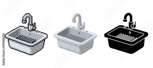 Retro pixel, modern, and silhouette designs of kitchen sinks with faucets