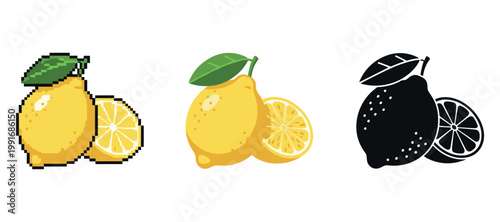 Pixelated lemon trio: pixel art, realistic, silhouette styles with citrus slices