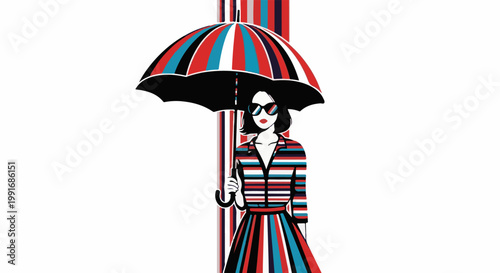 Stylish woman with umbrella in bold stripes on white background