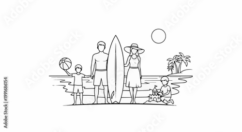 A family enjoys a sunny day at the beach, with a surfboard and sandcastle