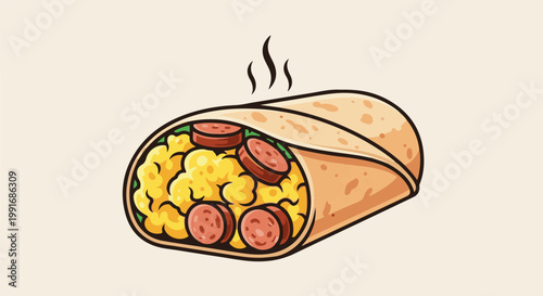 A warm, delicious breakfast burrito with scrambled eggs and sausage