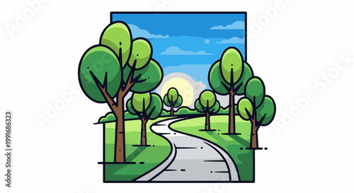 Sunny park with a winding path through lush trees and clouds