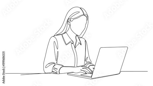 Continuous one line drawing of a woman working on a laptop computer.