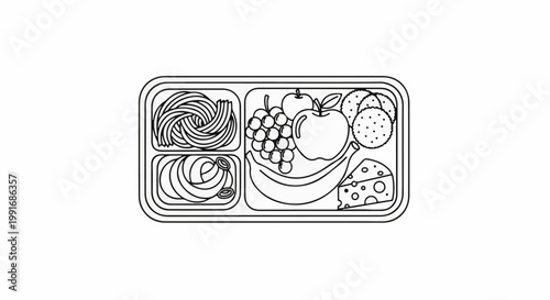 Black and white line art of a lunchbox filled with various food items