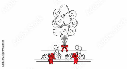 Romantic dinner setting with heart balloons and red bows
