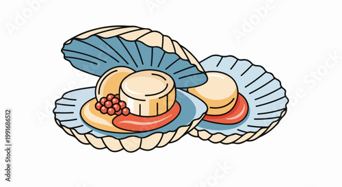 Two open scallops served in their shells with small red roe