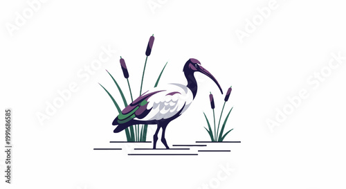 Stylized ibis bird standing in shallow water with cattails