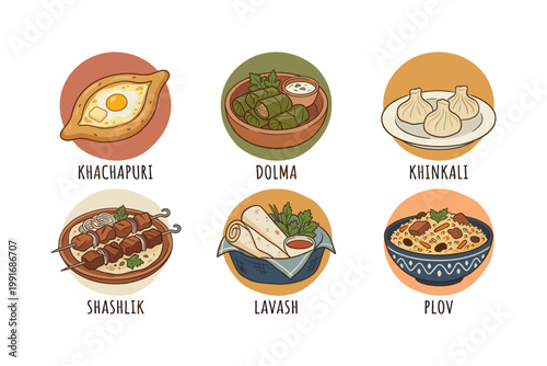 Colorful traditional Caucasian cuisine icon set featuring khachapuri dolma khinkali and other dishes in flat vector style
