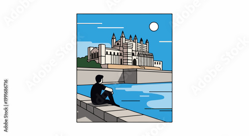 Person gazes at grand structure across water under moonlit sky