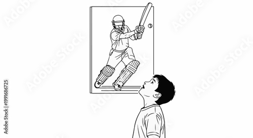 A child looks up in awe at a framed picture of a cricket player in action