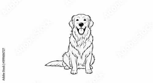 A black and white line drawing of a happy, fluffy dog sitting