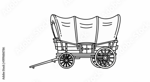 A detailed black and white line drawing of a classic covered wagon
