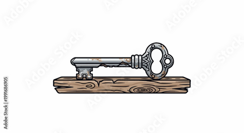 Vintage key with ornate handle rests on rustic wooden plank