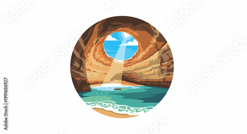 Two people in a boat inside a cave opening to a bright blue sky