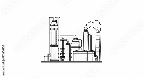 A simplistic line drawing of an industrial processing plant with smoke emissions