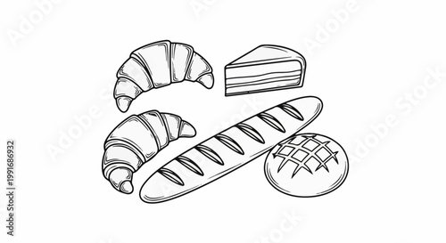 Various baked goods including croissants, a baguette, and a round loaf