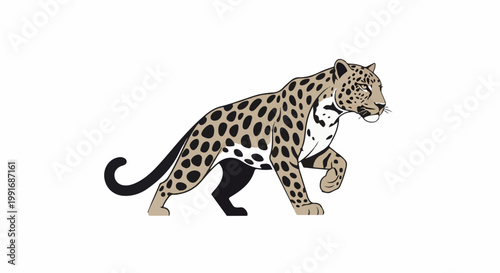 Stylized depiction of a spotted feline predator in profile, mid-stride