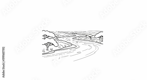 Winding river flows through a sketched landscape with trees and hills