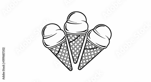 Three ice cream cones in a row, drawn in black and white outline