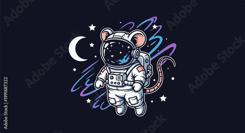 A cartoon mouse in a spacesuit floats in starry cosmos with a crescent moon