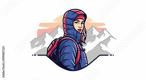 Stylized woman in a hooded jacket and backpack stands before mountains