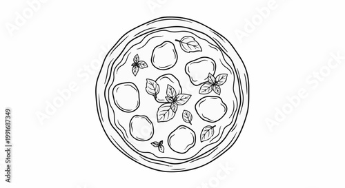 Top view line art illustration of a round pizza with cheese and basil