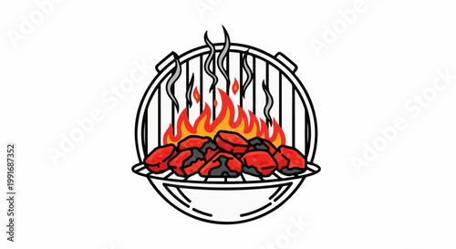 A charcoal grill with glowing embers and flames