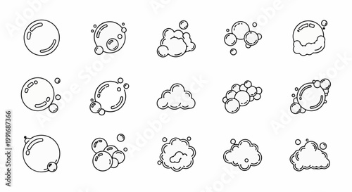A collection of hand-drawn, black and white bubble and foam icons