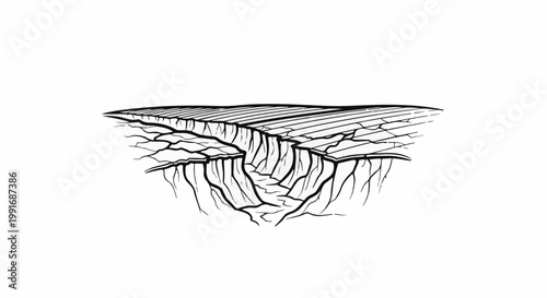 Stylized cross-section of a deep, cracked chasm with layered rock formations