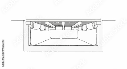 Technical drawing showing a cross-section of a sound system with multiple speakers
