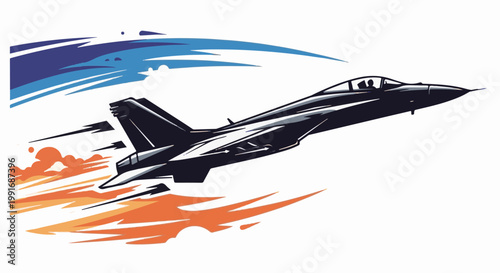 A dark fighter jet streaks across a white background, trailing orange fire