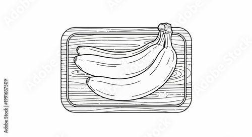 A simple line art illustration of a bunch of bananas on a wooden cutting board
