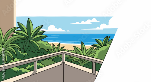 A peaceful balcony view of the ocean, beach, and lush green foliage