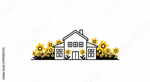 A simple line drawing of a white house surrounded by cheerful yellow flowers