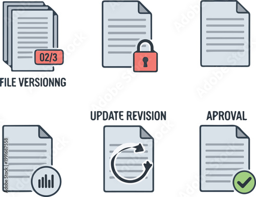 A collection of various document management icons displaying different states like versioning locking revision updates and final project approval steps