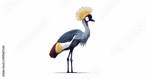 A pixelated illustration of a regal grey crowned crane bird with intricate feather details