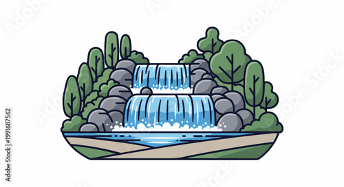 A pixelated, stylized illustration of a multi-tiered waterfall with lush trees and rocks