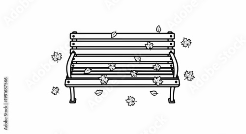 A simple line art illustration of a park bench with autumn leaves scattered around