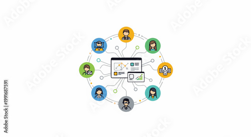 Abstract network of diverse individuals connected to central data analytics screens