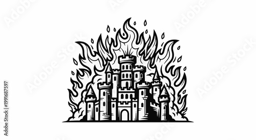 A striking black and white illustration of a burning castle
