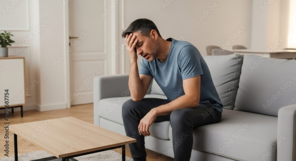 Obraz premium Stressed caucasian man sitting on sofa touching head. Frustrated guy feeling tired or depressed in living room. Mental health crisis, emotional burnout and life problem concept.