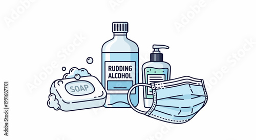 Hygienic items soap, alcohol, hand sanitizer, and face mask