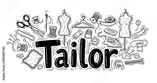 Tailor tools and dressmaker icons in black and white doodle style