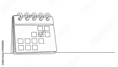 Continuous line drawing of a desktop calendar with a check mark on a specific date.