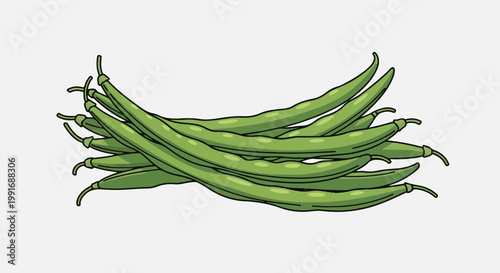 Bunch of fresh green string beans with curved shape and hints of texture